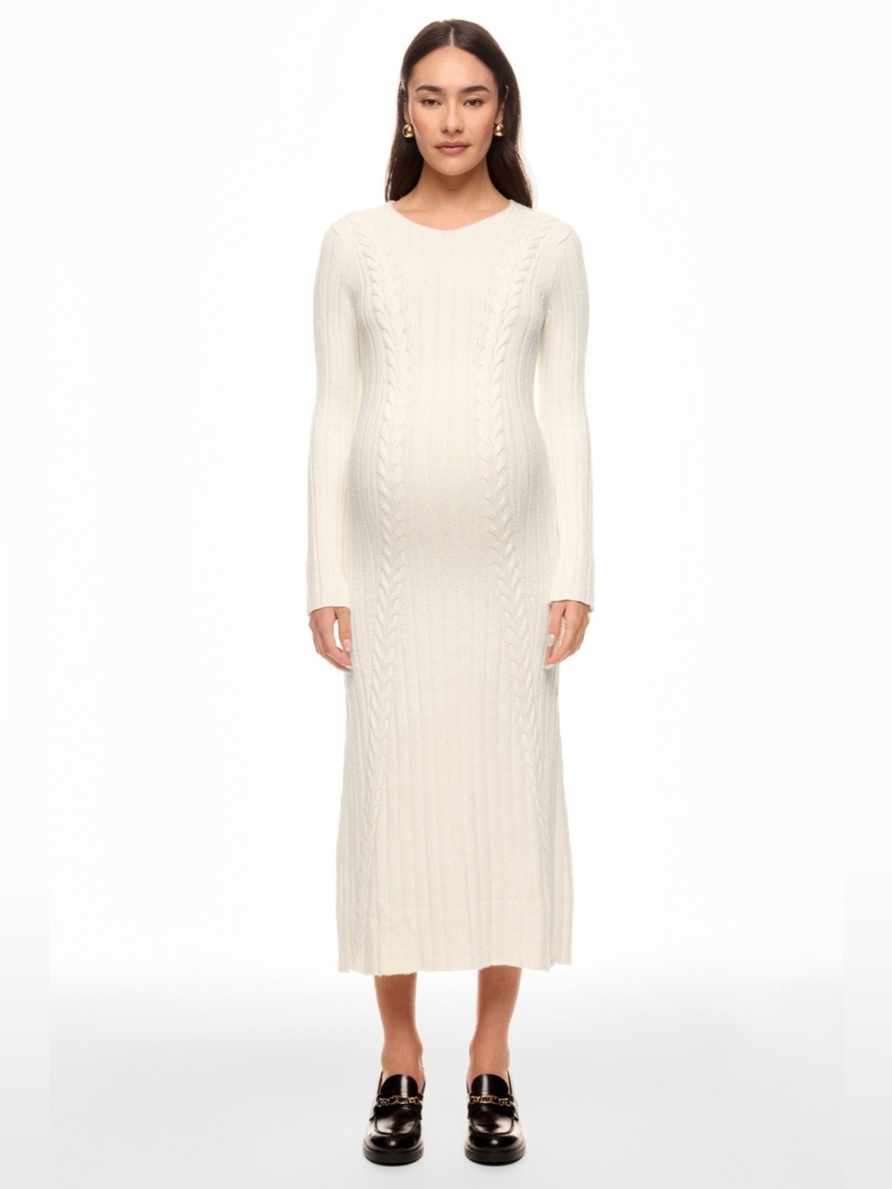 Pietro Brunelli Cream Cable-Knit Long Sleeve Midi Dress